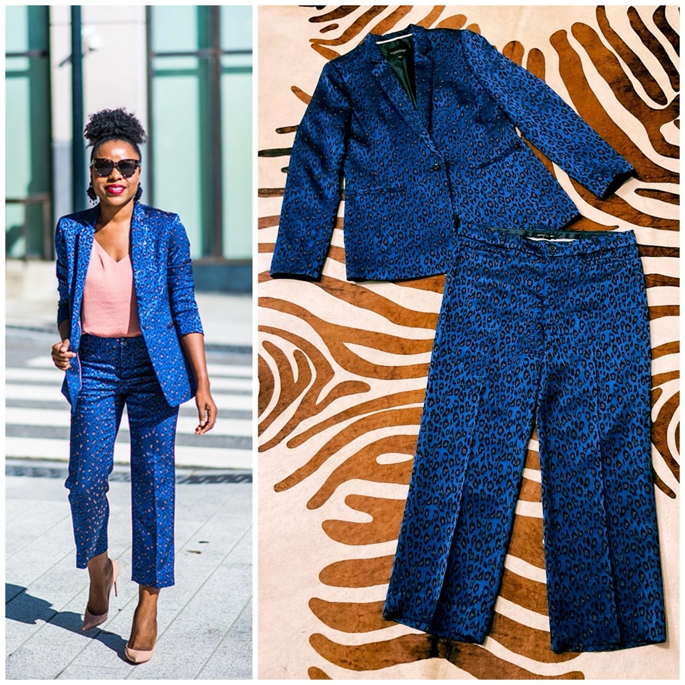 Banana Republic Blue Leopard Print Blazer & Pants Suit Set